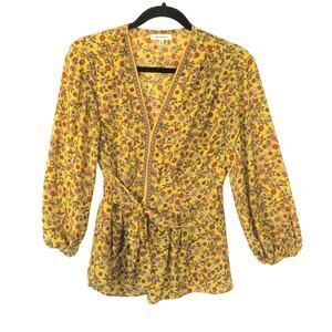 MAX STUDIO Bohemian Ýellow Mustard Floral Print Rushed Waist w/ Belt Blouse Sz S